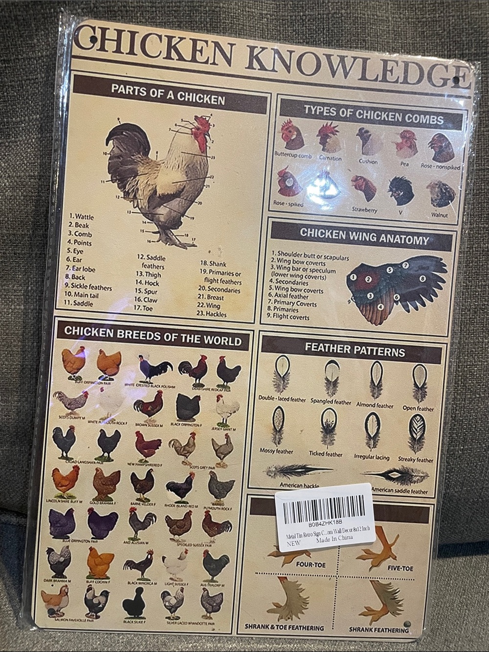 Chicken Knowledge Educational Metal tin Wall Decor Sign  retro Beige/Tan